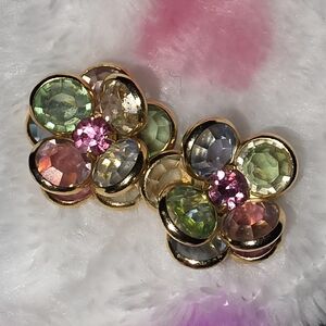 Vintage Glass And Crystal Multicolor Floral Post Earrings - Gold Tone